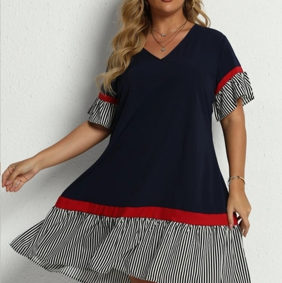 SHEIN Women's Contrast Stripped Flounce Sleeve Smock Dress NWOT - Picture 2 of 14